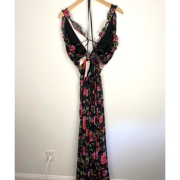 Mac Duggal Embellished Belt Ruffled Halter Strap Gown In Black Multi 9156 16 New - Picture 7 of 16